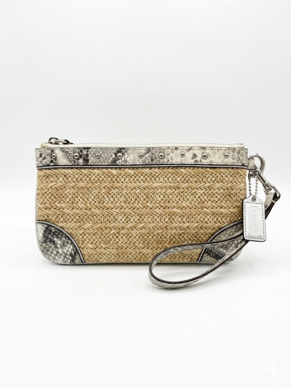 Coach Straw & Snakeskin Embossed Studded Wristlet - Neutral/Cream